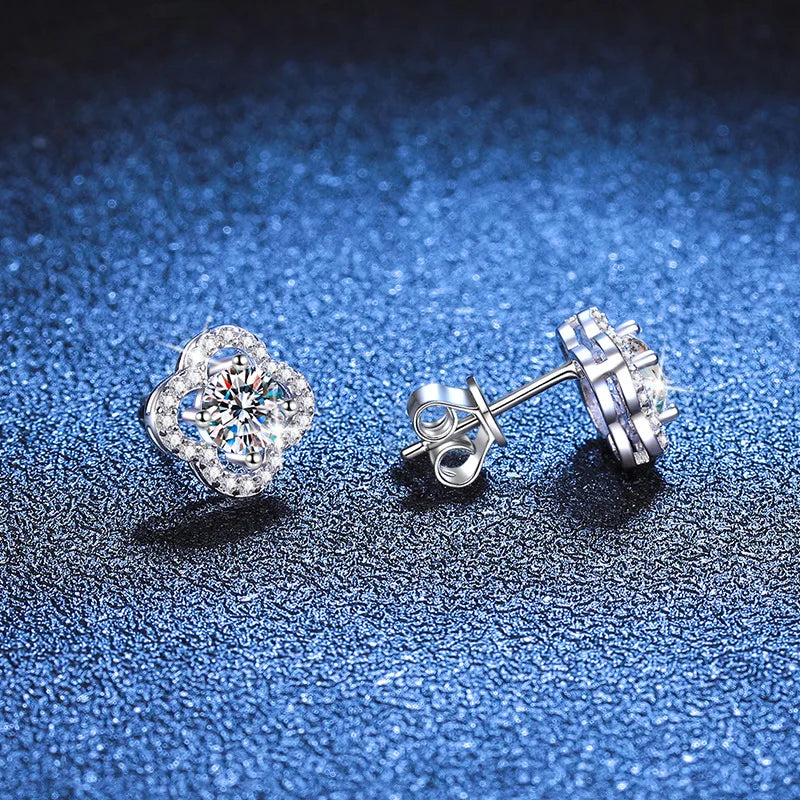 Colored Clover Halo Moissanite Stud Earrings in Sterling Silver