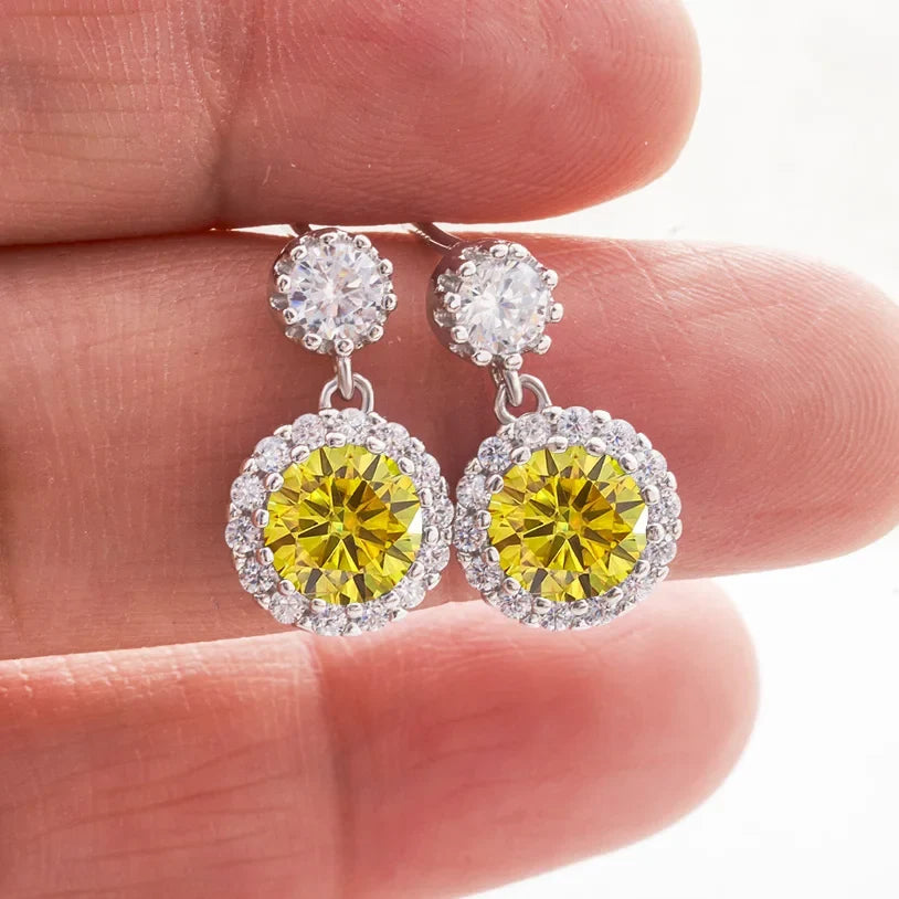 Colored Round Halo Moissanite Drop Earrings in Silver