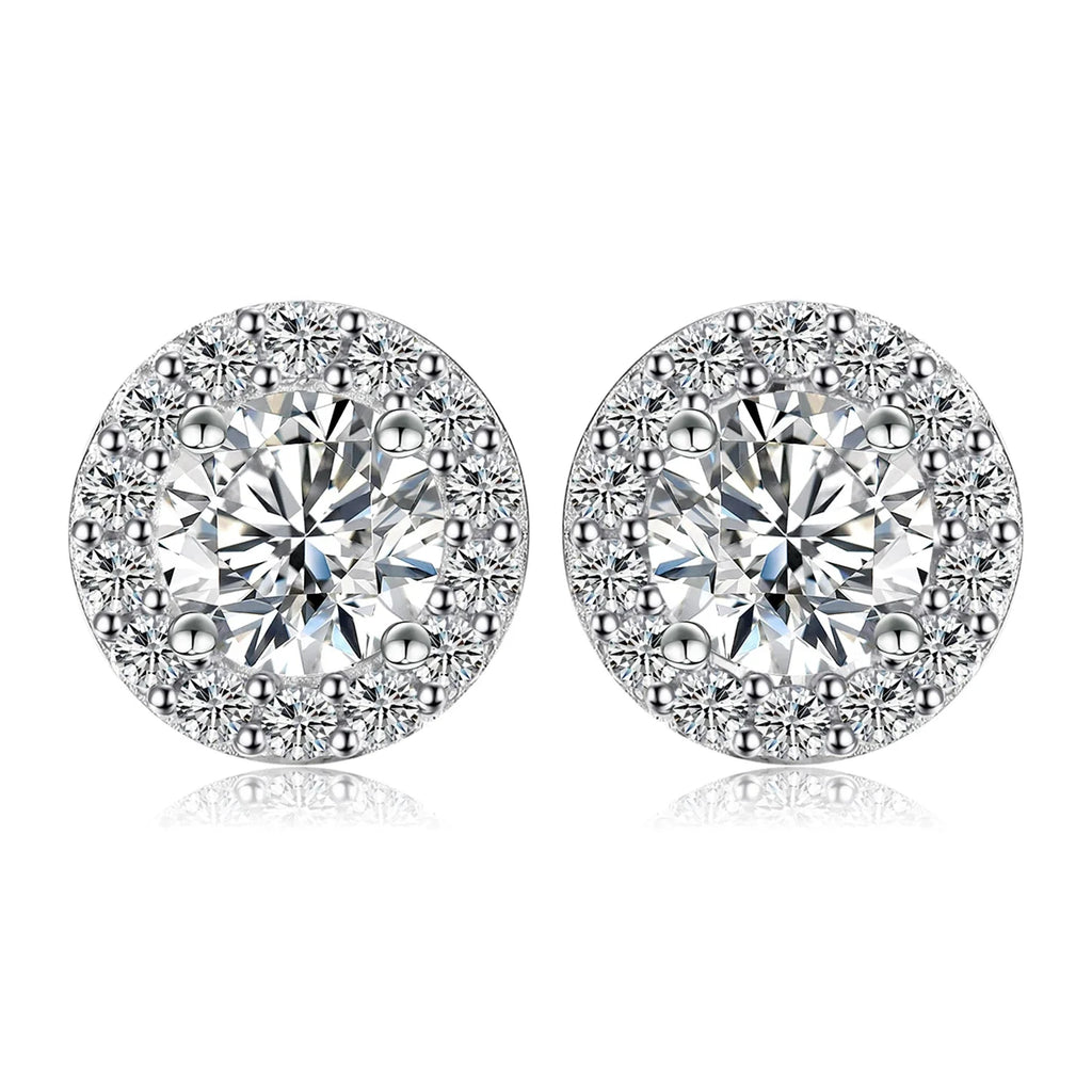 Round Moissanite Halo Stud Earrings in Sterling Silver
