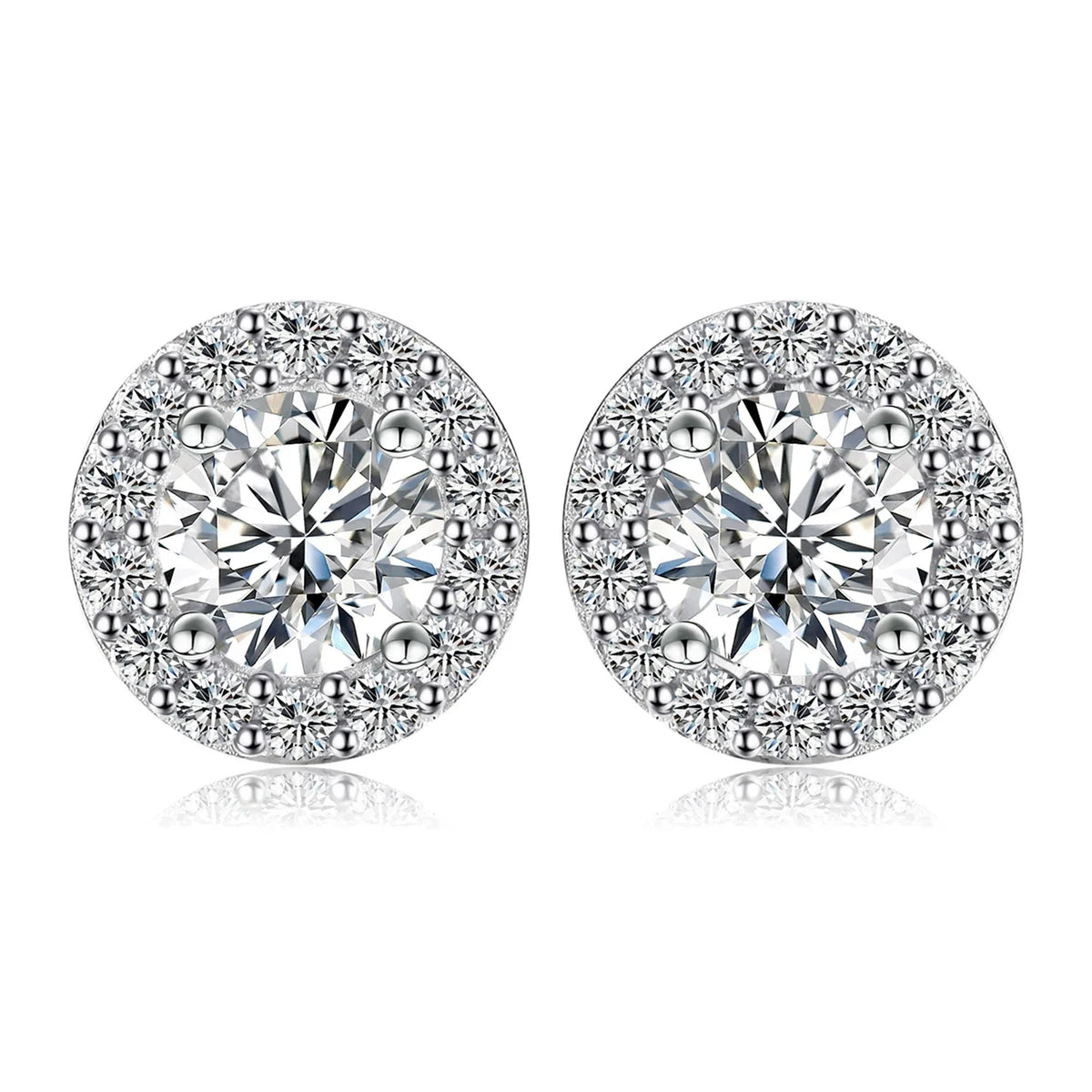 Round Moissanite Halo Stud Earrings in Sterling Silver