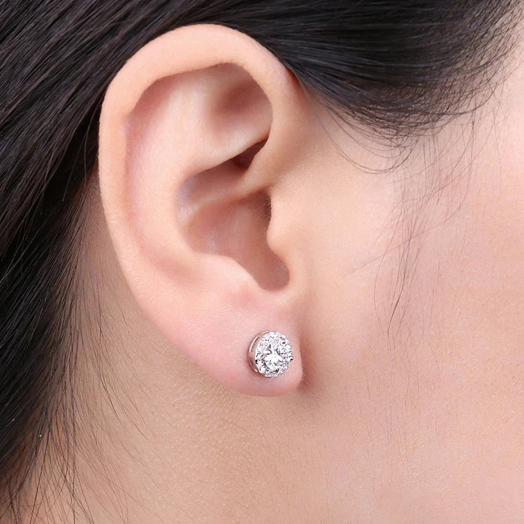 Round Moissanite Halo Stud Earrings in Sterling Silver