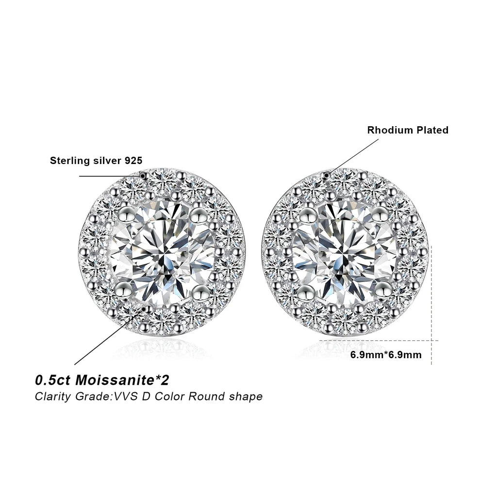 Round Moissanite Halo Stud Earrings in Sterling Silver