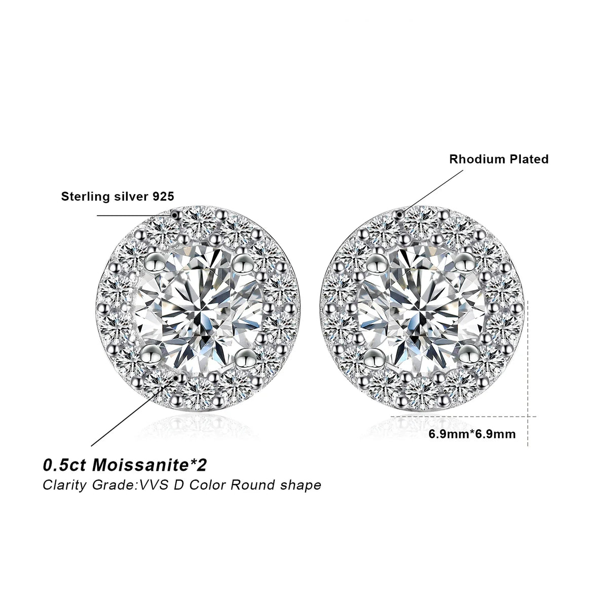 Round Moissanite Halo Stud Earrings in Sterling Silver