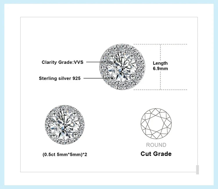 Round Moissanite Halo Stud Earrings in Sterling Silver