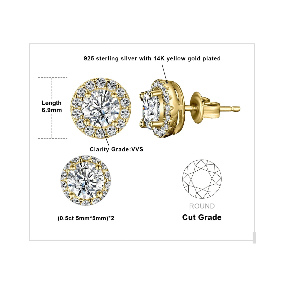 Round Moissanite Halo Stud Earrings in Sterling Silver