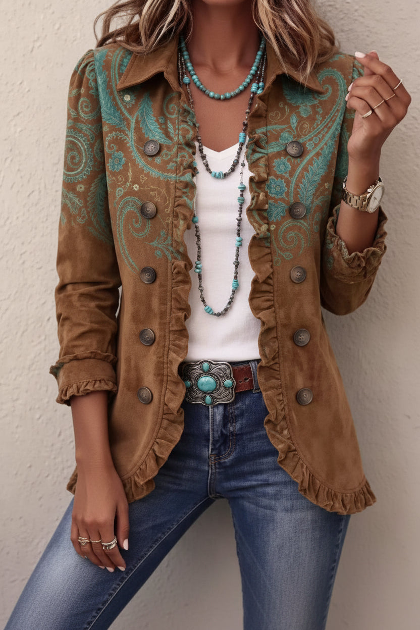 Floral Embroidered Ruffle Trim Double-Breasted Boho Cardigans