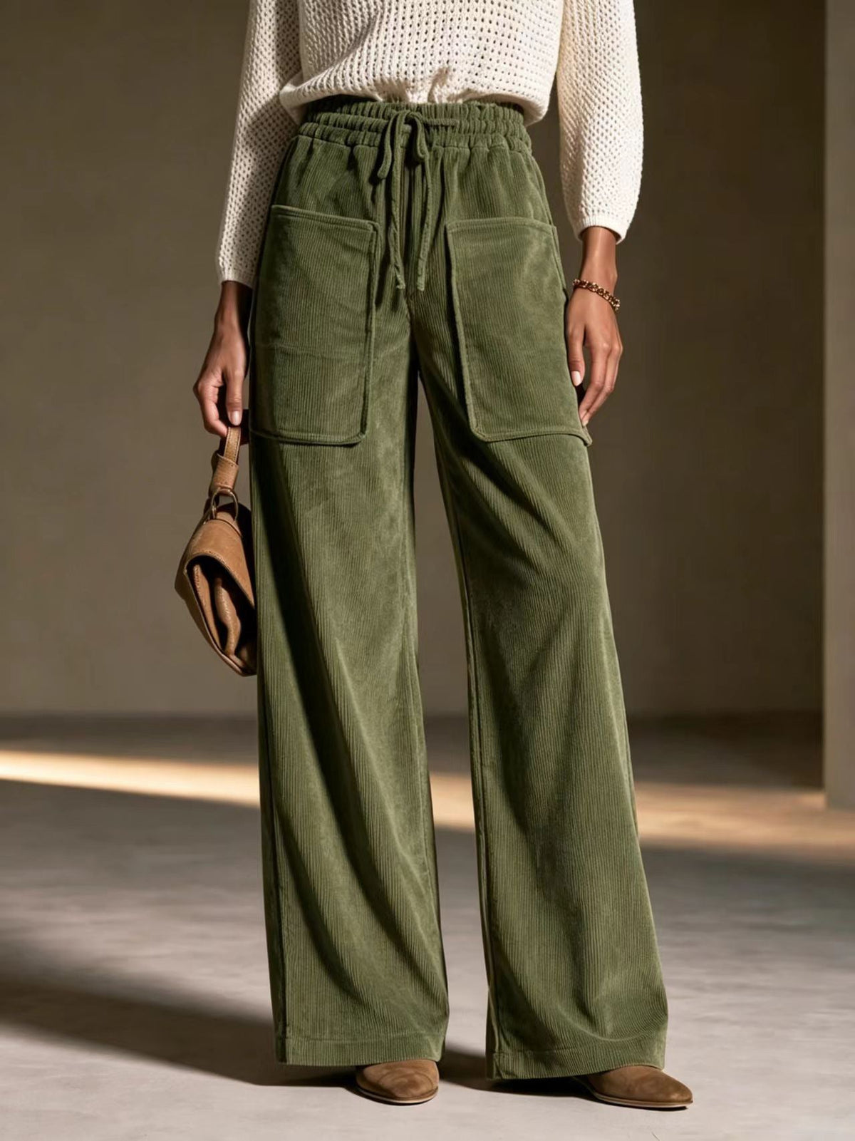 Women's High-waisted Drawstring Corduroy Wide-leg Pants