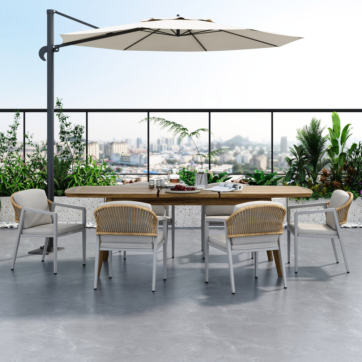 7-Piece Outdoor Dining Set with Expandable Acacia Wood Table and Rope Chairs - Gray, Teak