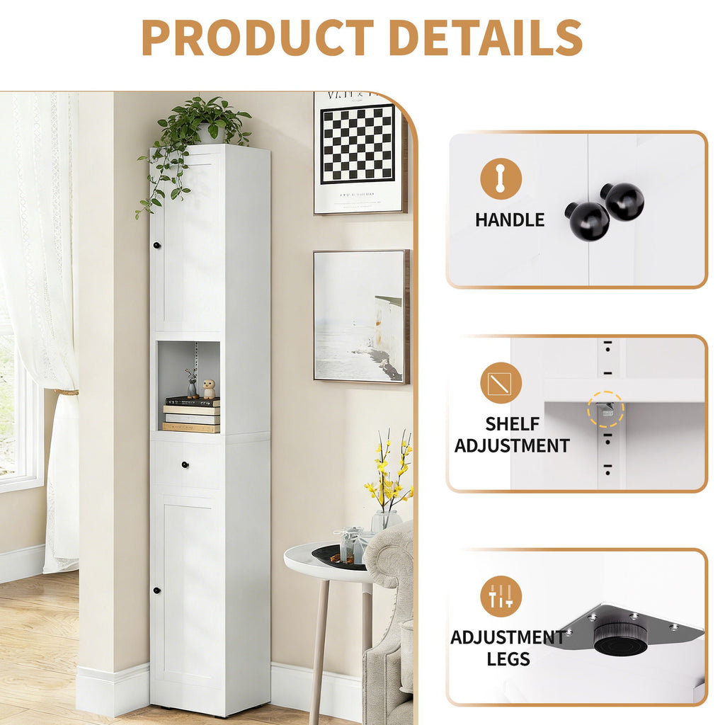Tall Bathroom Storage Cabinet, 5-Tier Narrow With 2 Doors & Adjustable Shelves, Freestanding - White