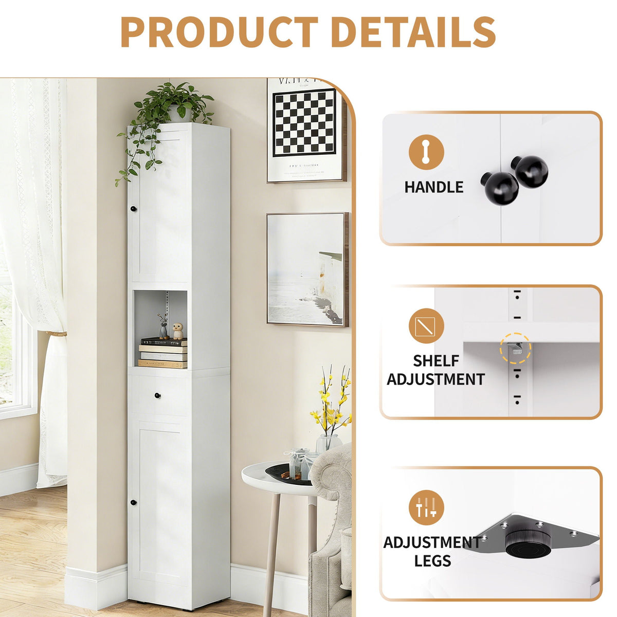 Tall Bathroom Storage Cabinet, 5-Tier Narrow With 2 Doors & Adjustable Shelves, Freestanding - White