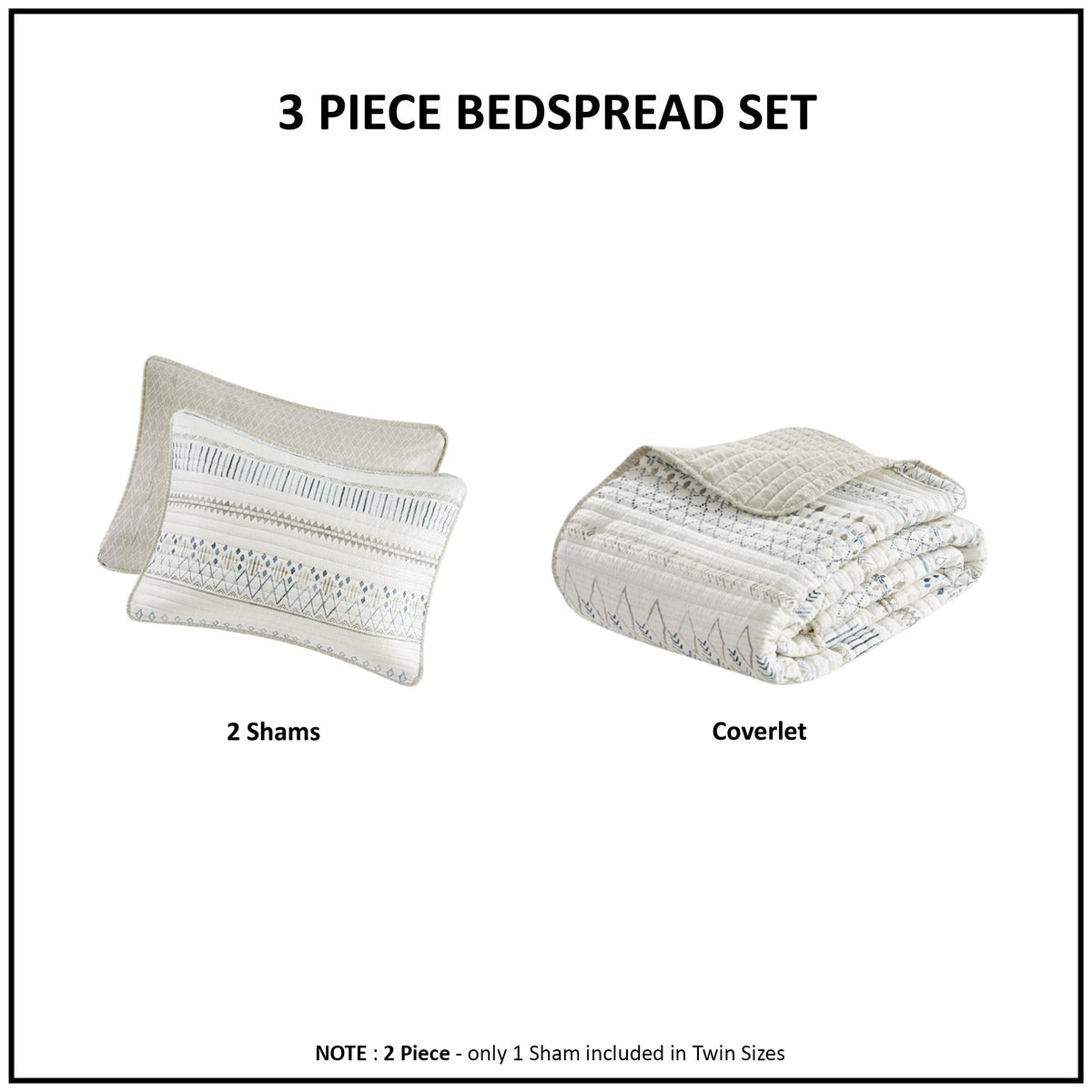 3 Piece Seersucker Quilt Set Taupe/Blue Full/Queen