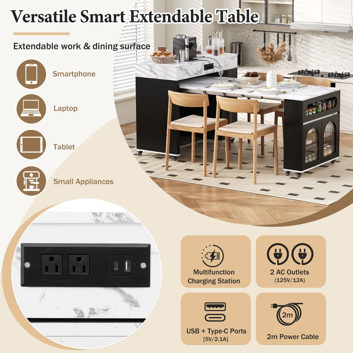 Extendable Dining Table With Folding Top, Rolling Kitchen Island With Drawers And Power Outlet