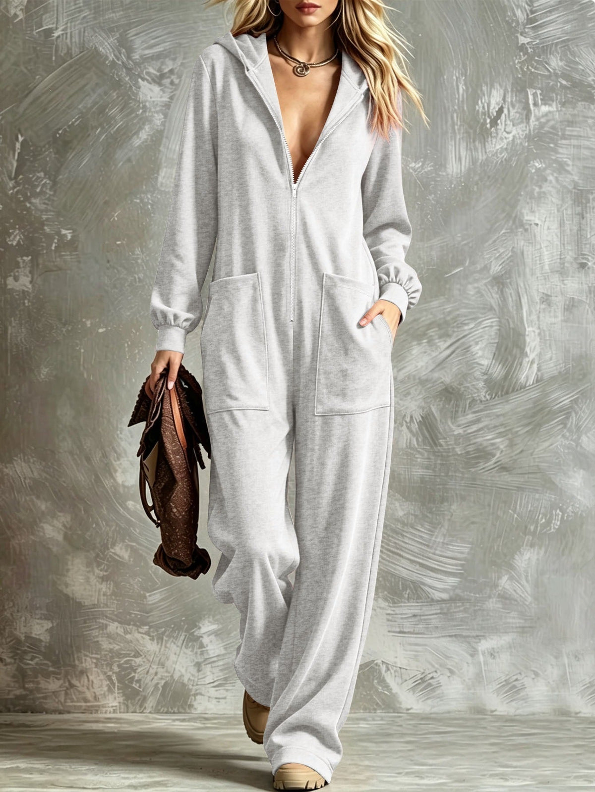 TUME Amazon Solid Color Plus Size Hooded Zipper Jumpsuit With Large Pockets, Loose Casual Home Straight-Leg Jumpsuit
