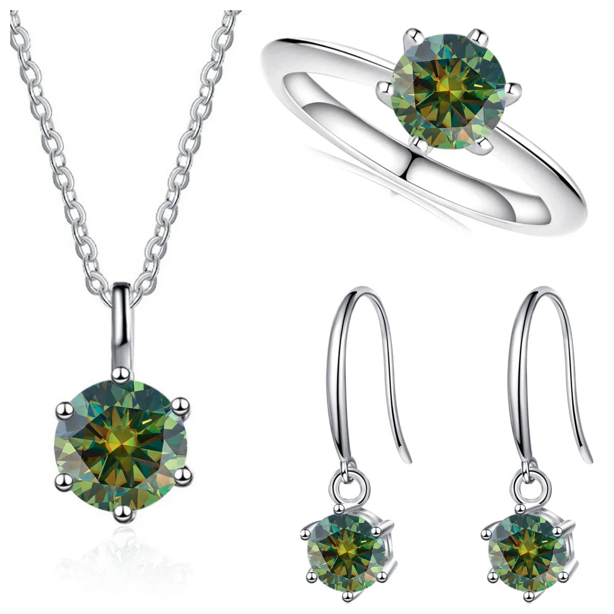 Colored Moissanite Necklace, Drop Earrings & Ring Set in Silver