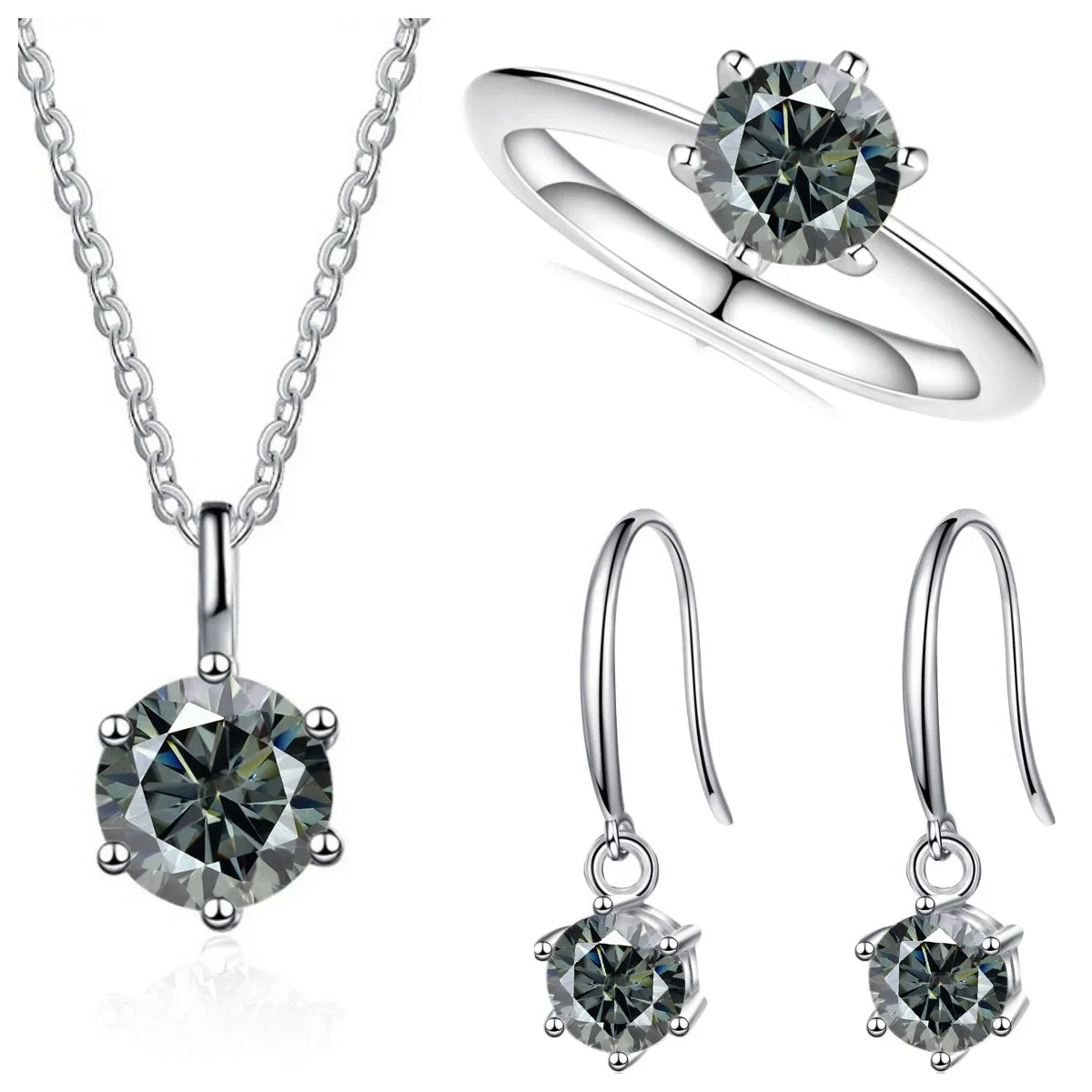 Colored Moissanite Necklace, Drop Earrings & Ring Set in Silver