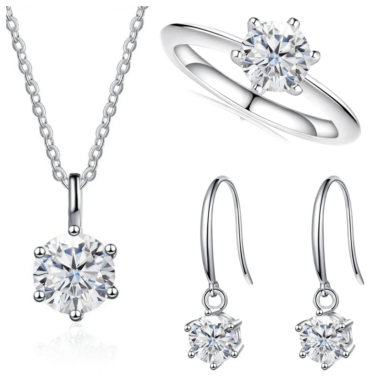 Colored Moissanite Necklace, Drop Earrings & Ring Set in Silver