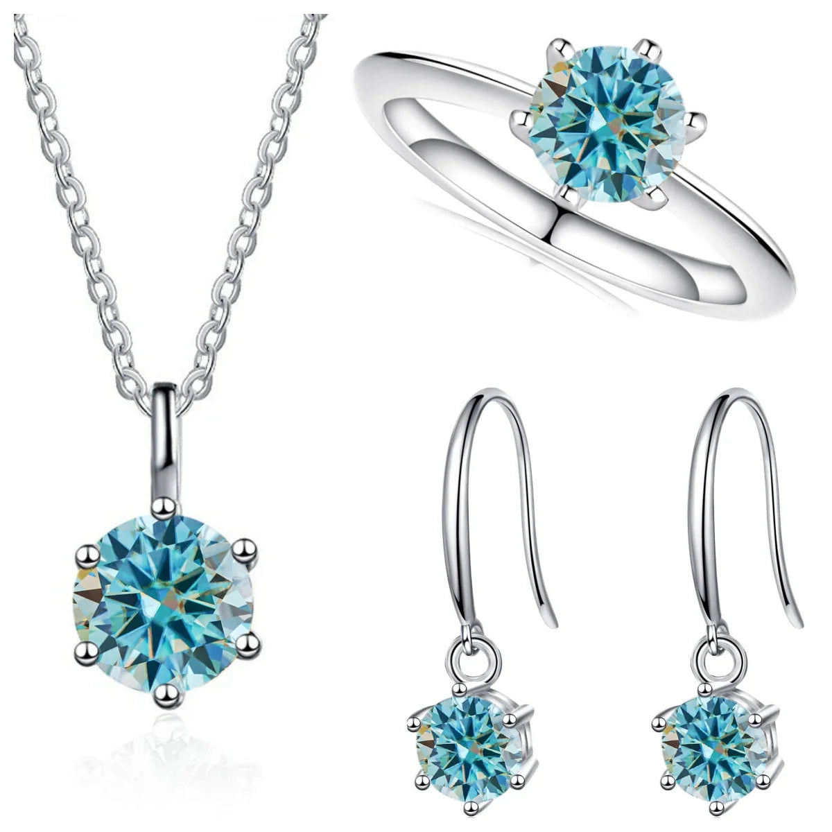 Colored Moissanite Necklace, Drop Earrings & Ring Set in Silver