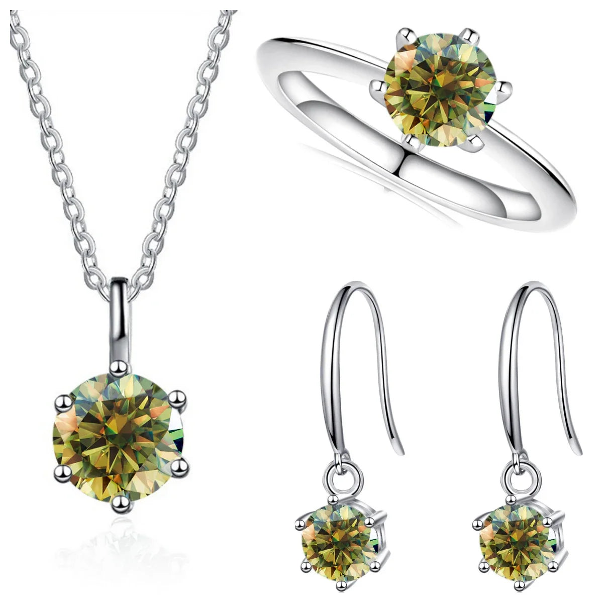 Colored Moissanite Necklace, Drop Earrings & Ring Set in Silver