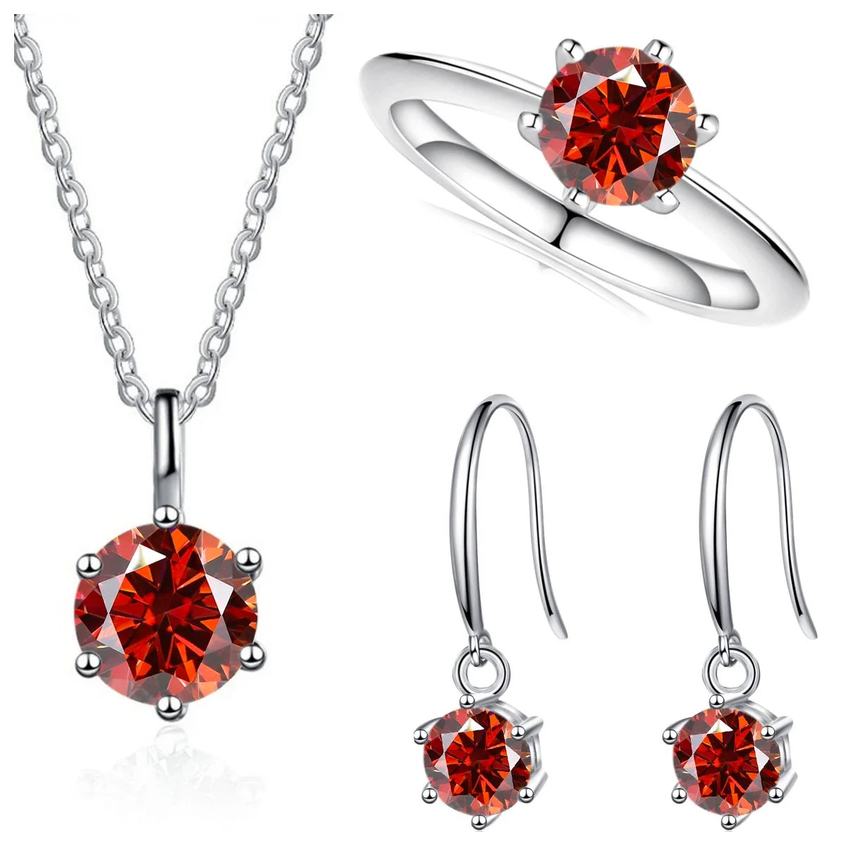 Colored Moissanite Necklace, Drop Earrings & Ring Set in Silver
