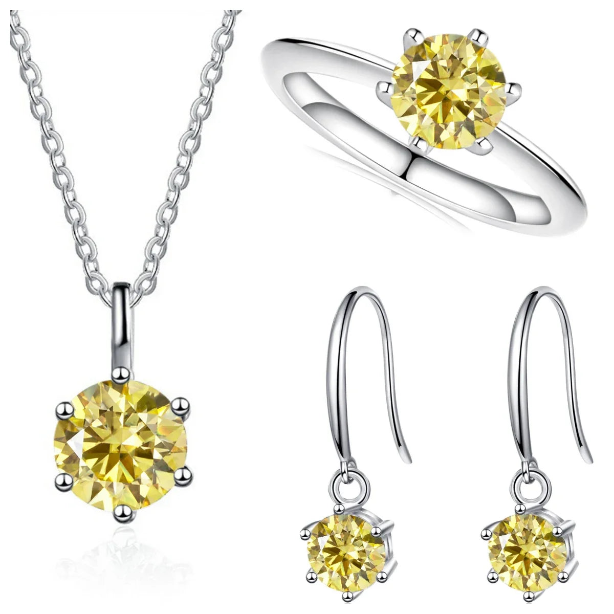 Colored Moissanite Necklace, Drop Earrings & Ring Set in Silver