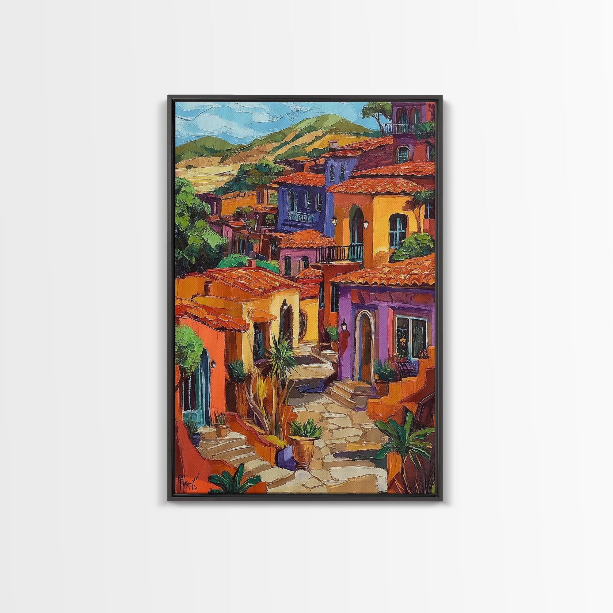 Village Warm Colorful, Spanish, Framed Canvas Print colorful village scene, rustic Mediterranean decor, patio wall art, boho sunset print