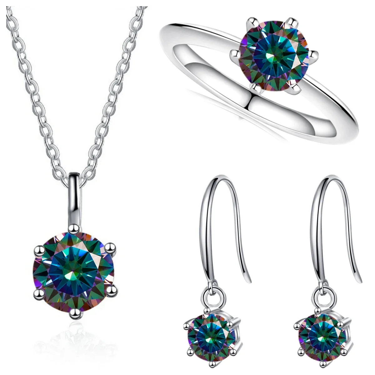 Colored Moissanite Necklace, Drop Earrings & Ring Set in Silver
