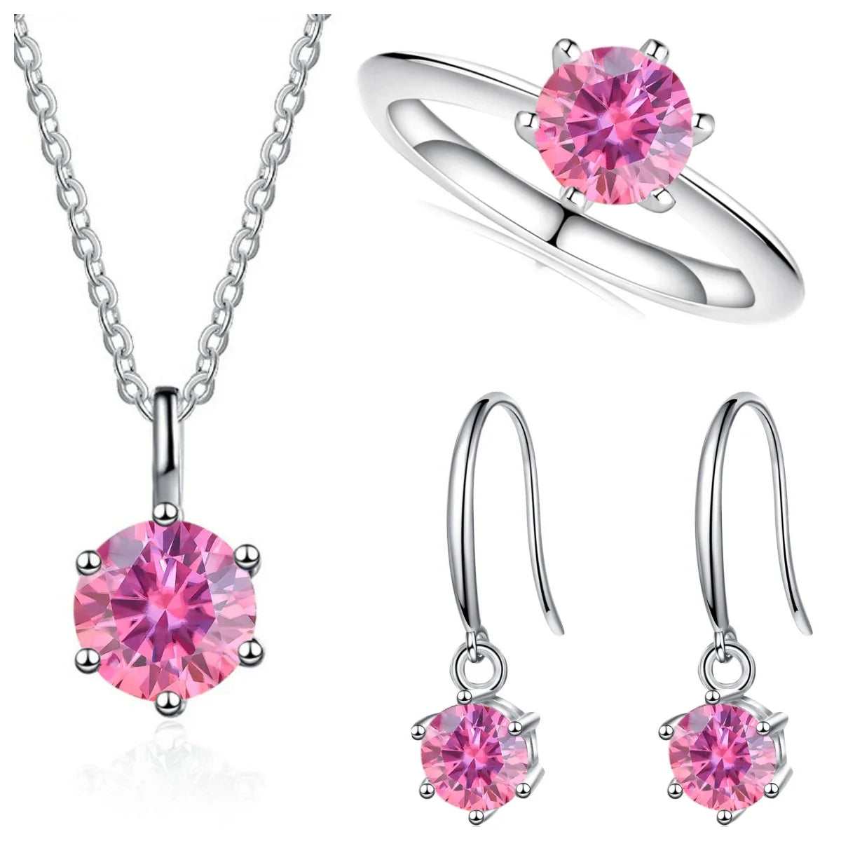 Colored Moissanite Necklace, Drop Earrings & Ring Set in Silver