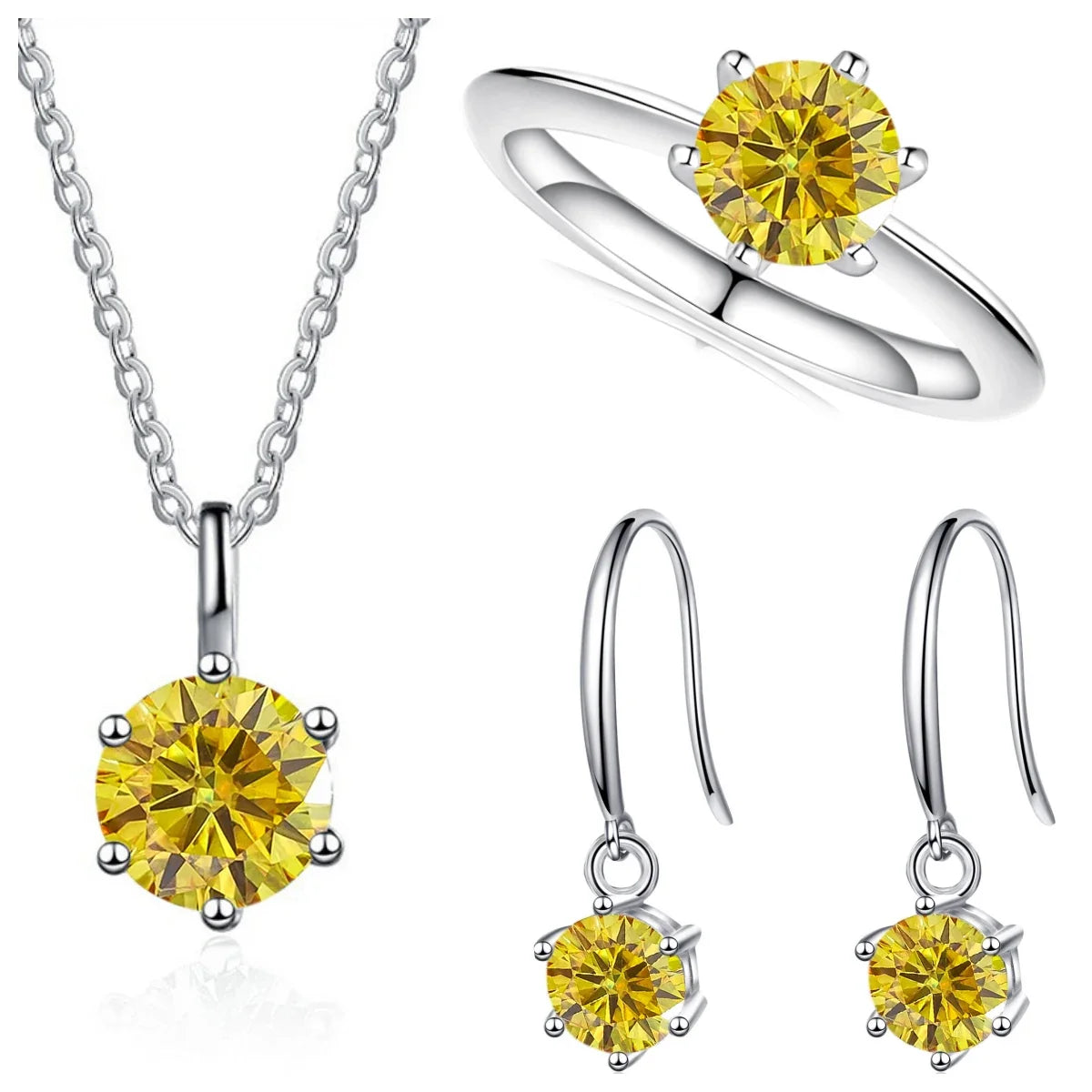 Colored Moissanite Necklace, Drop Earrings & Ring Set in Silver