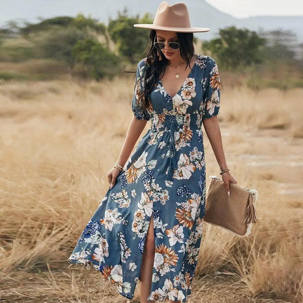 Fashion Casual Loose Party Short Sleeve Maxi Split Dress - Summer Dresses for Women | Stevvex