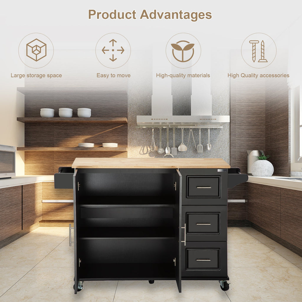 Mobile Kitchen Island Cart with Extensible Rubber Wood Top - Black-Bee
