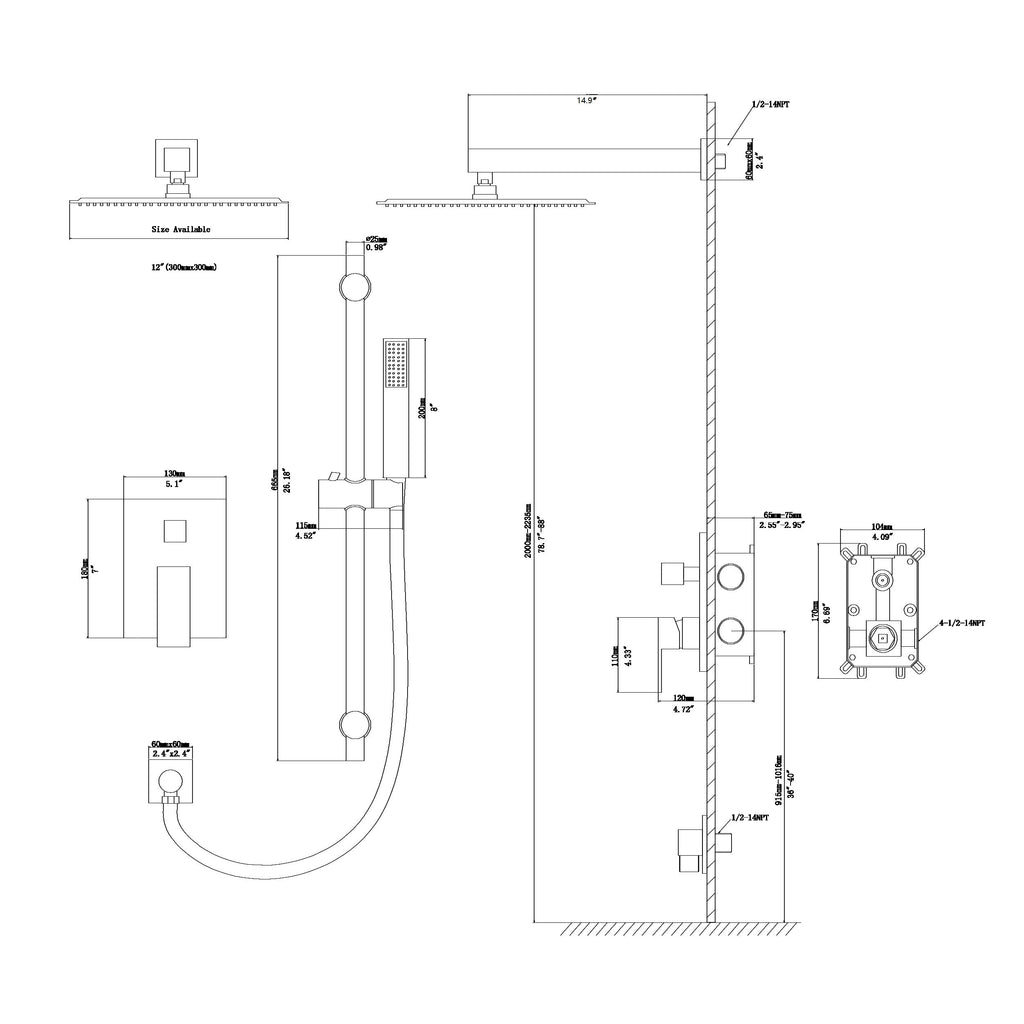 Shower System with Adjustable Slide Bar - Matte Black