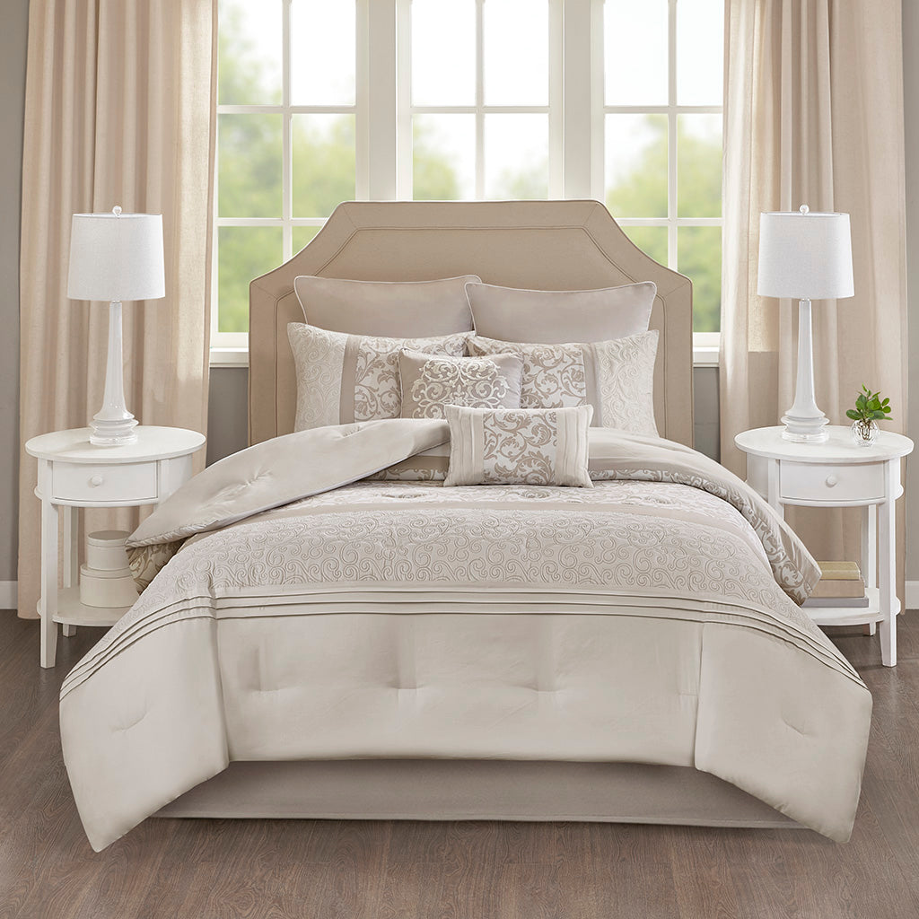 Embroidered 8 Piece Comforter Set - Neutral Queen