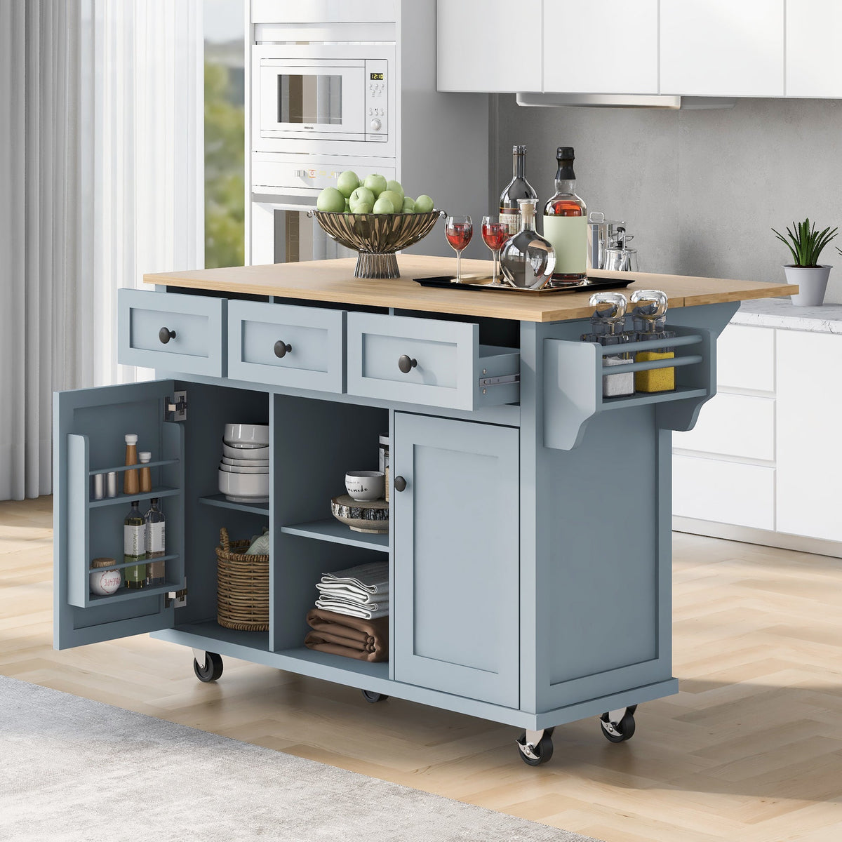 Kitchen Cart with Rubberwood Drop-Leaf Countertop - Blue or White
