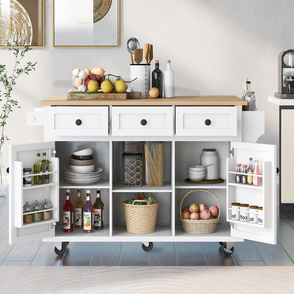 Kitchen Cart with Rubberwood Drop-Leaf Countertop - Blue or White