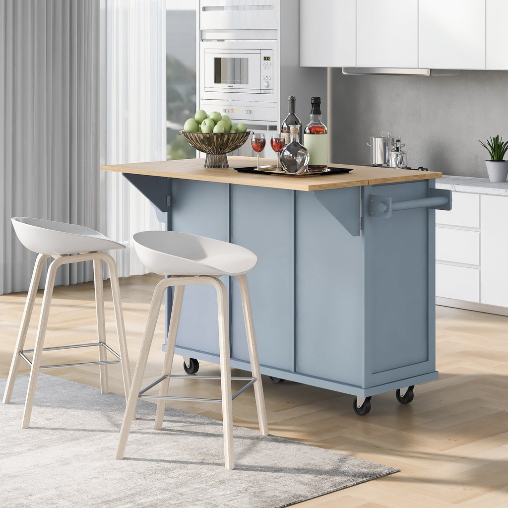 Kitchen Cart with Rubberwood Drop-Leaf Countertop - Blue or White