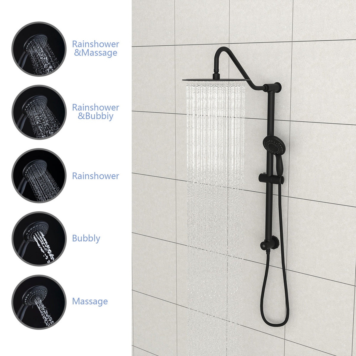 10 Inch Shower System with 5 Function Rain Hand Shower