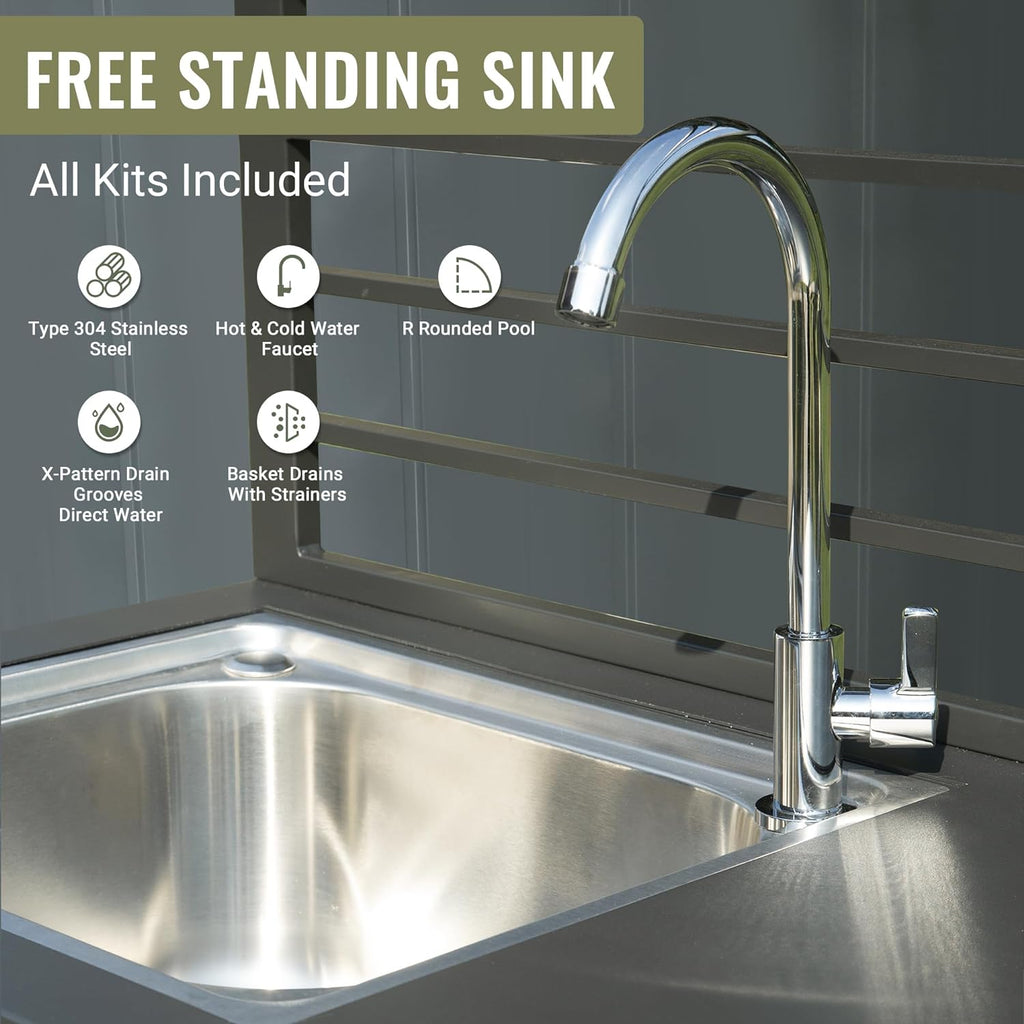 Outdoor Kitchen Island with Aluminum Storage & Stainless Steel Sink - Silver