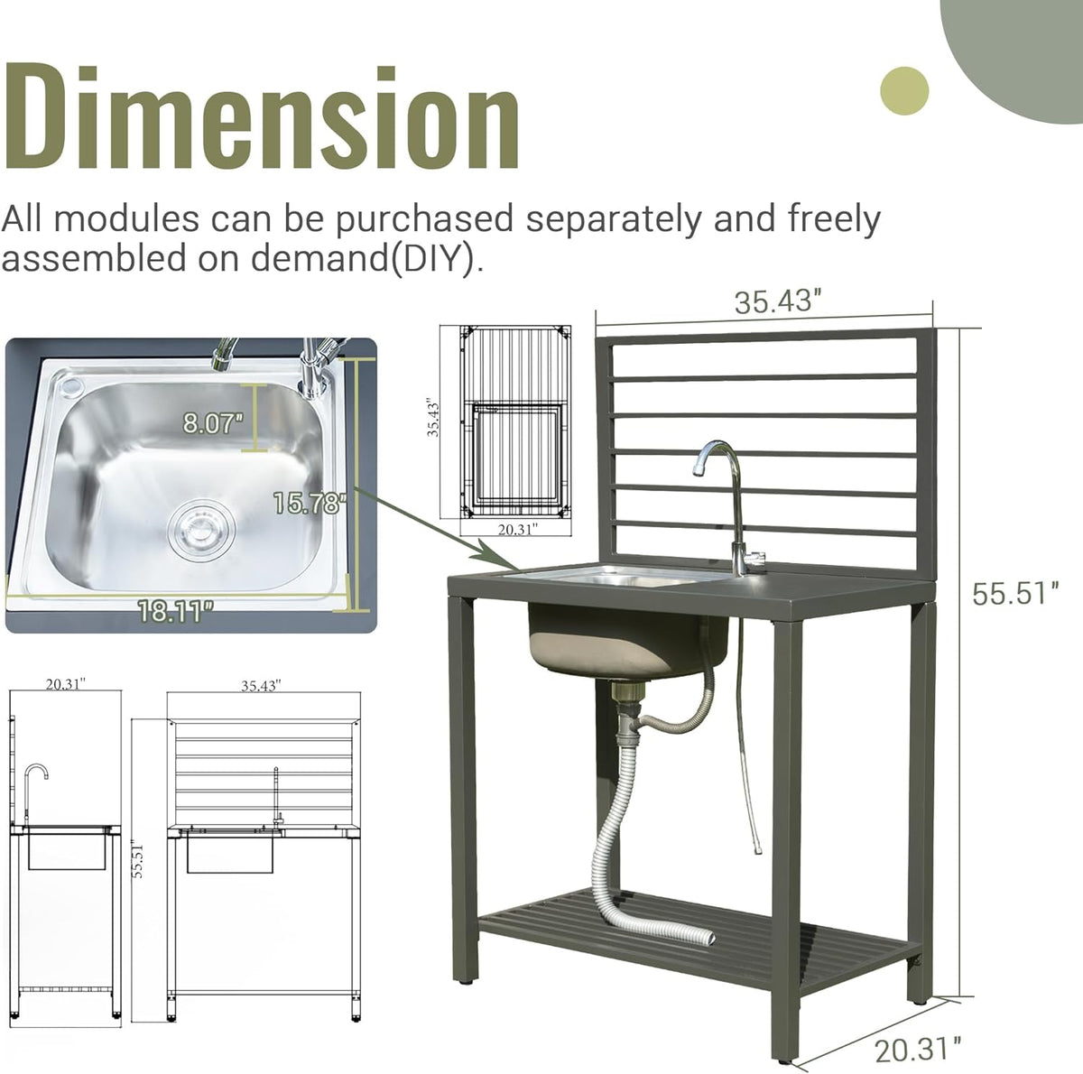 Outdoor Kitchen Island with Aluminum Storage & Stainless Steel Sink - Silver