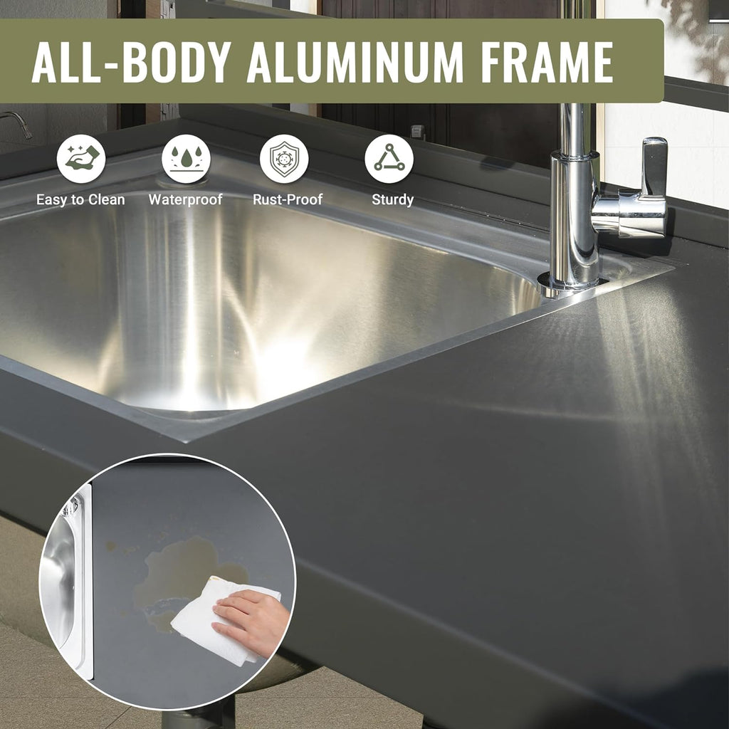Outdoor Kitchen Island with Aluminum Storage & Stainless Steel Sink - Silver