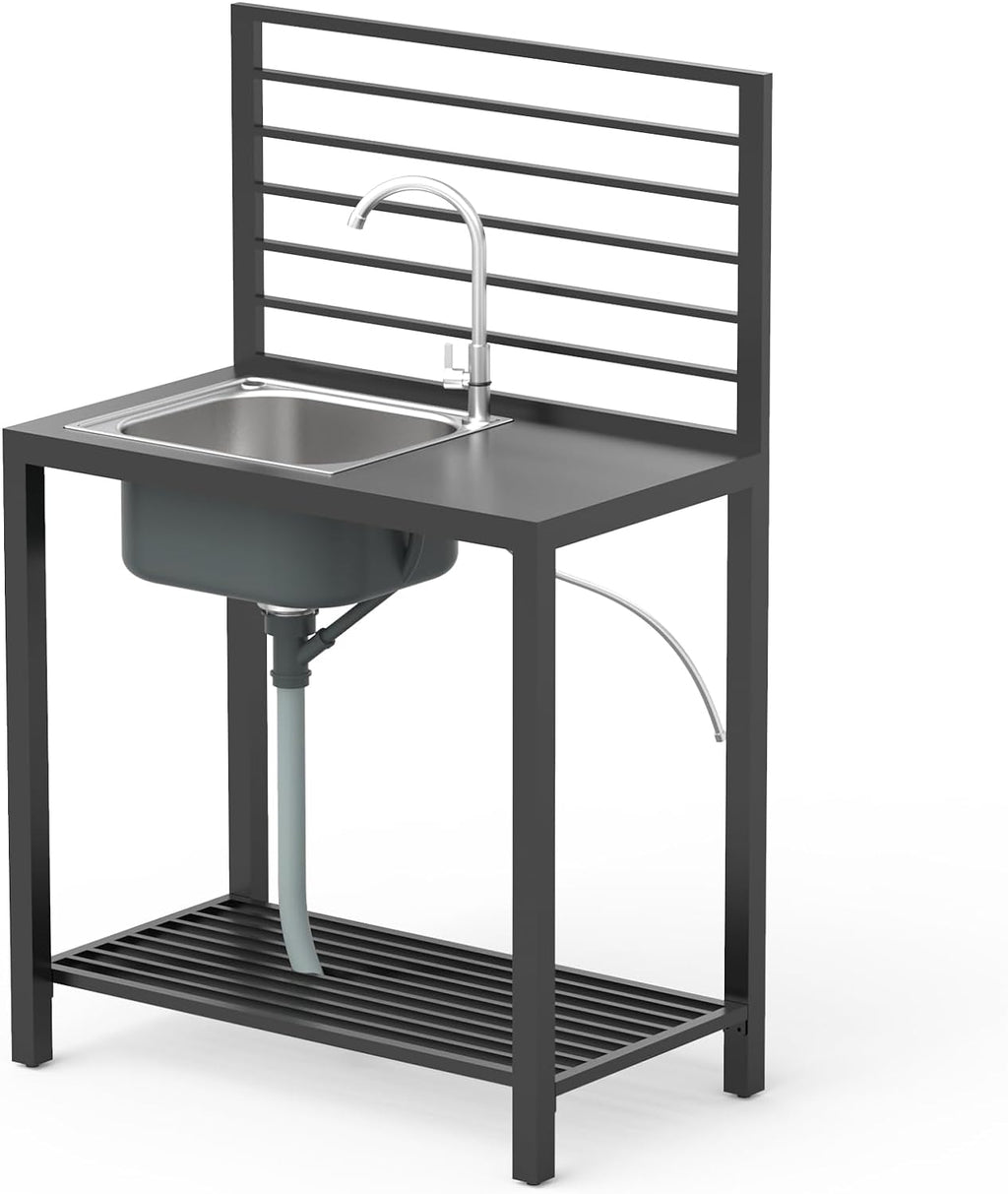 Outdoor Kitchen Island with Aluminum Storage & Stainless Steel Sink - Silver