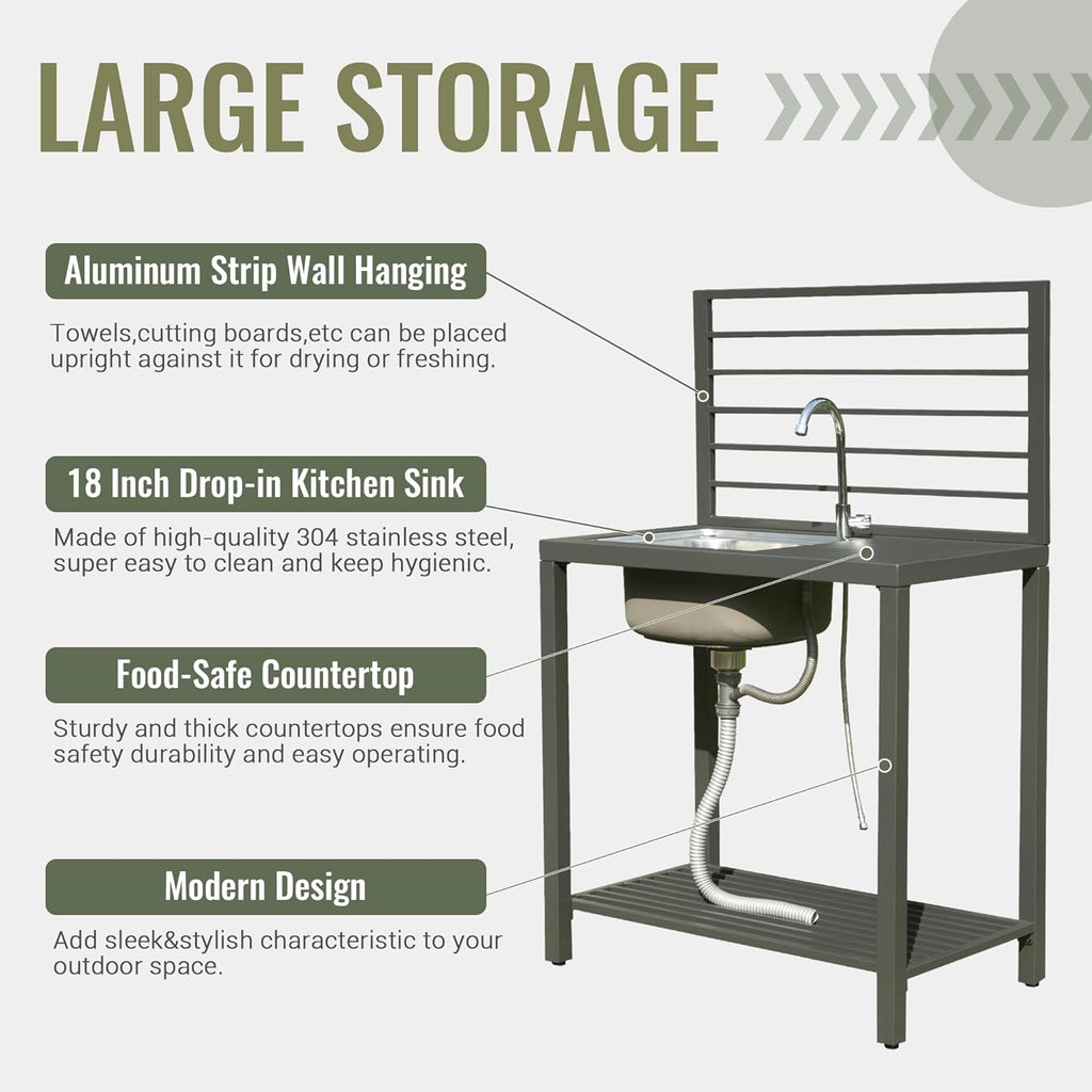 Outdoor Kitchen Island with Aluminum Storage & Stainless Steel Sink - Silver