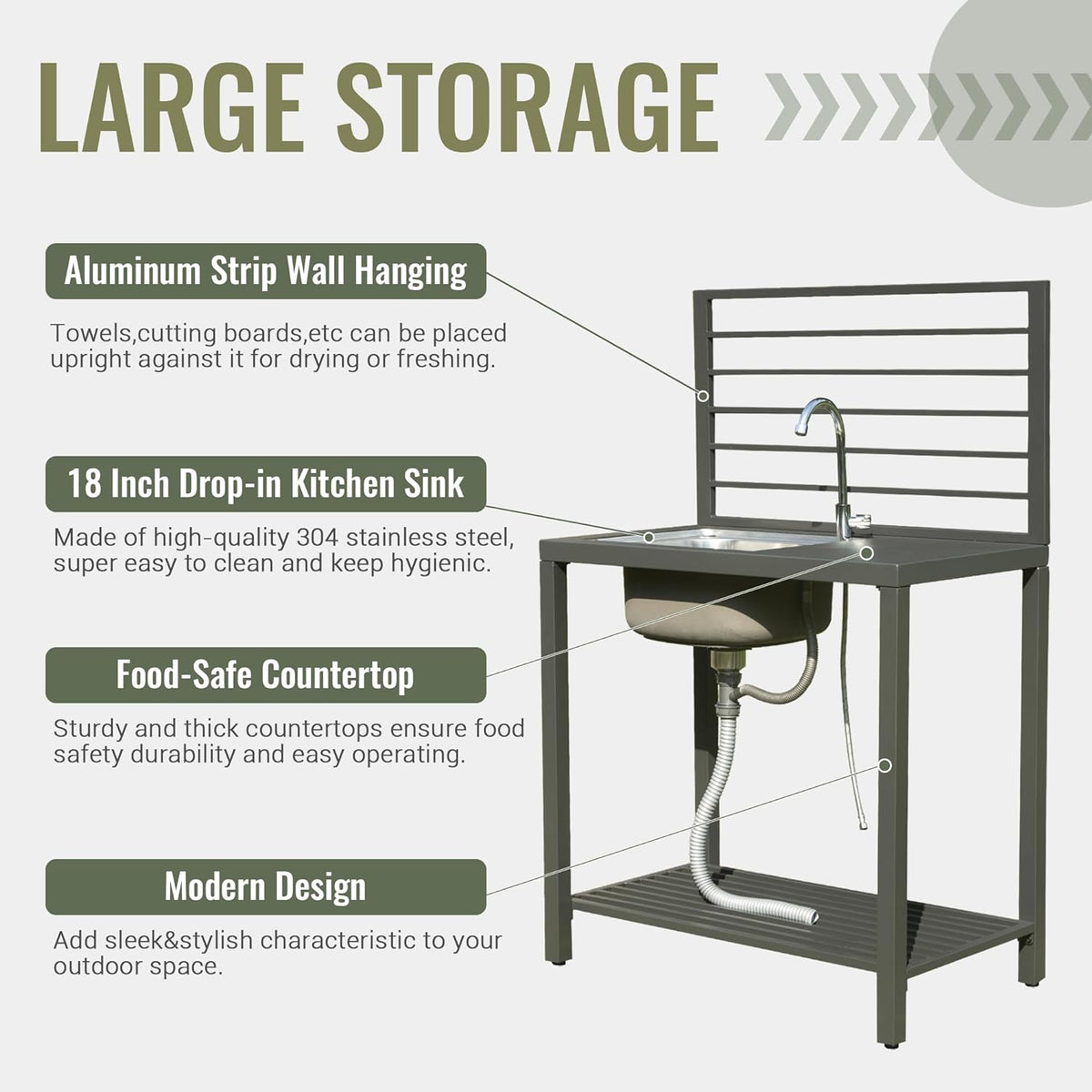 Outdoor Kitchen Island with Aluminum Storage & Stainless Steel Sink - Silver