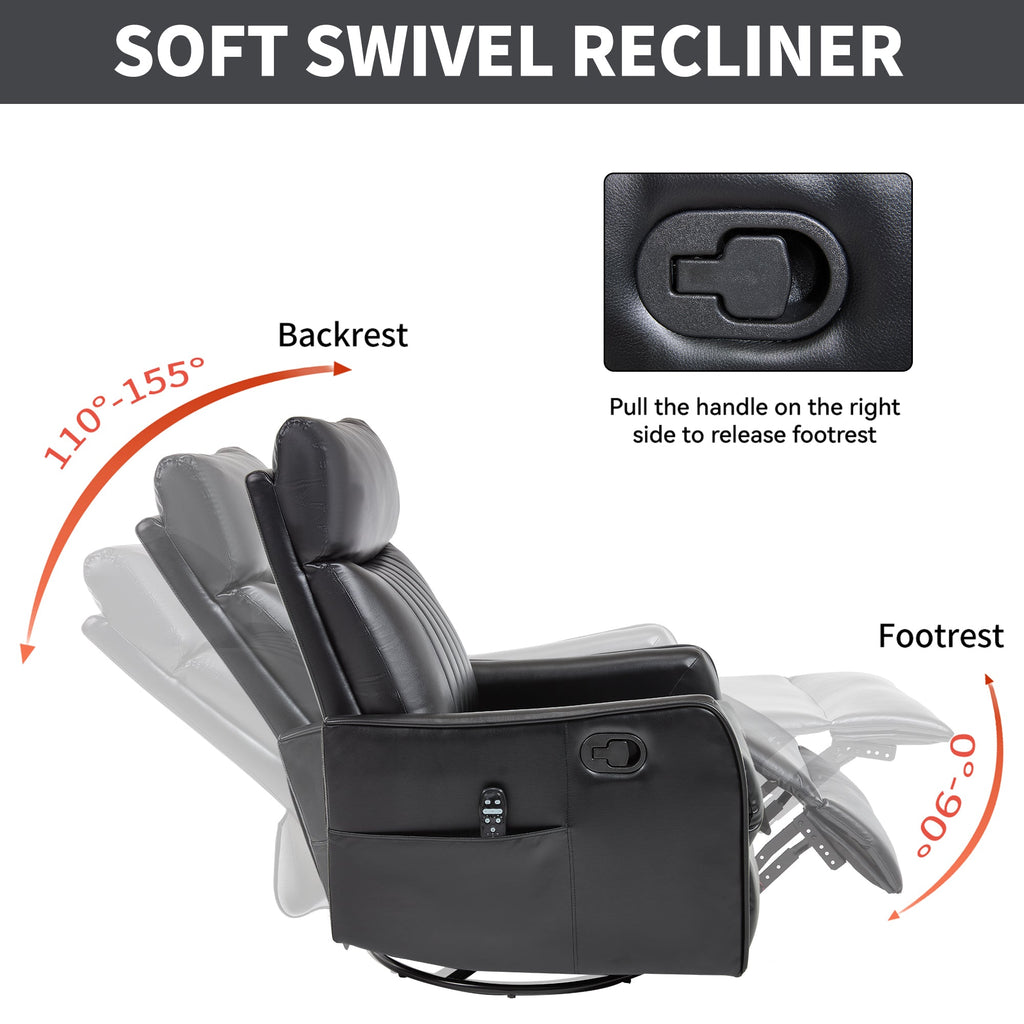 Black Faux Leather Recliner Chair with Heat & Massage - Manual Recliner