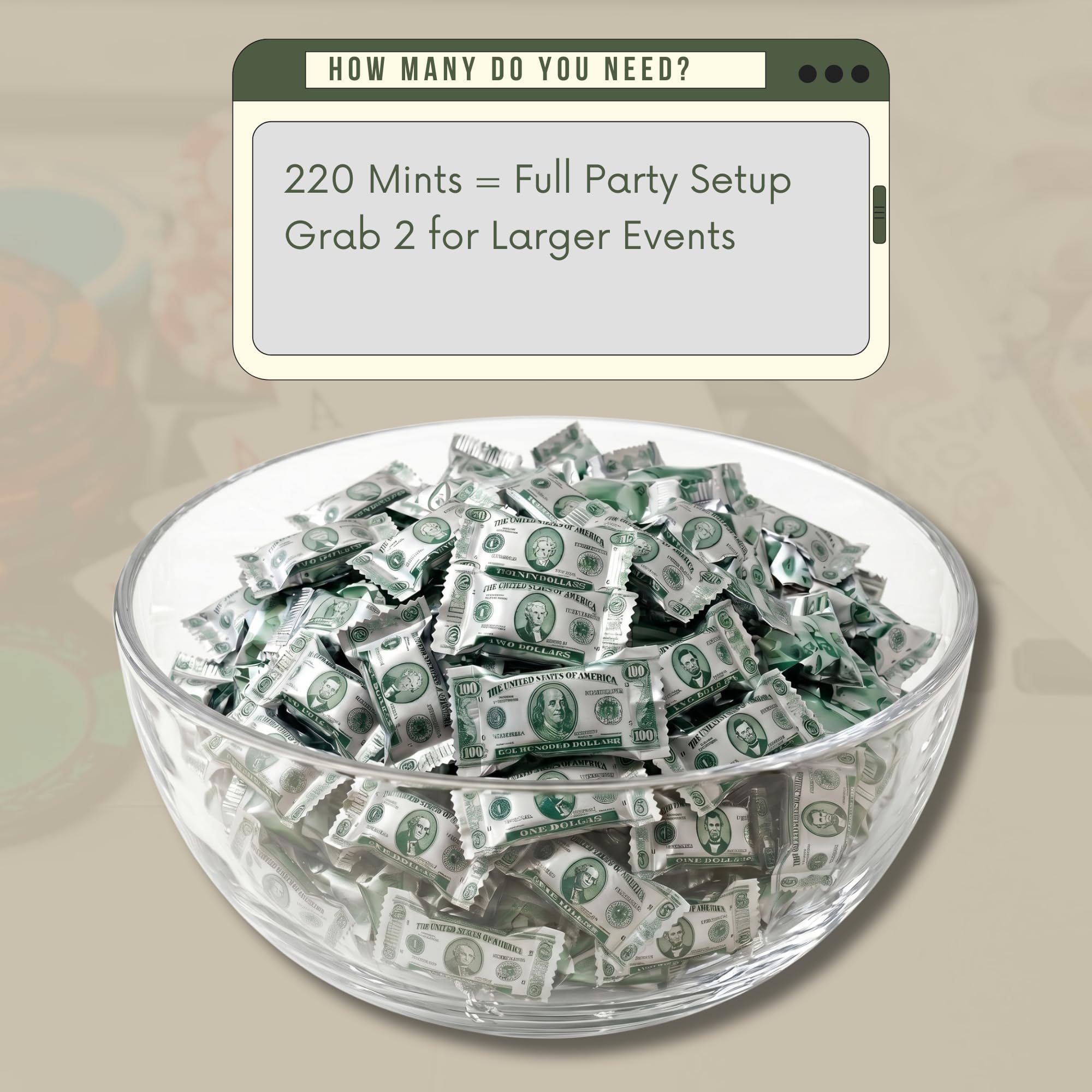 220ct Money Butter Mints – Individually Wrapped Dollar Bill Candy for Casino Night, Money Theme Parties & Party Favors