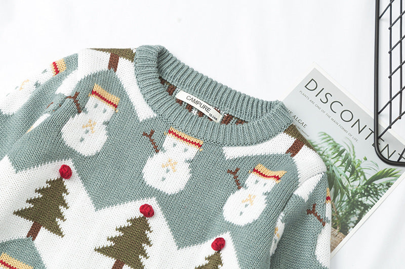 Jacquard Snowman Christmas Tree Parent-child Pullover