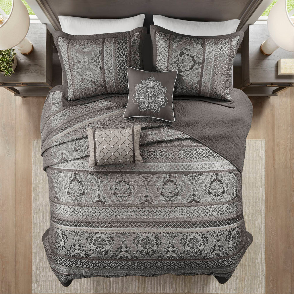 Reversible Jacquard Queen Bedspread Set with Decorative Pillows - Neutral