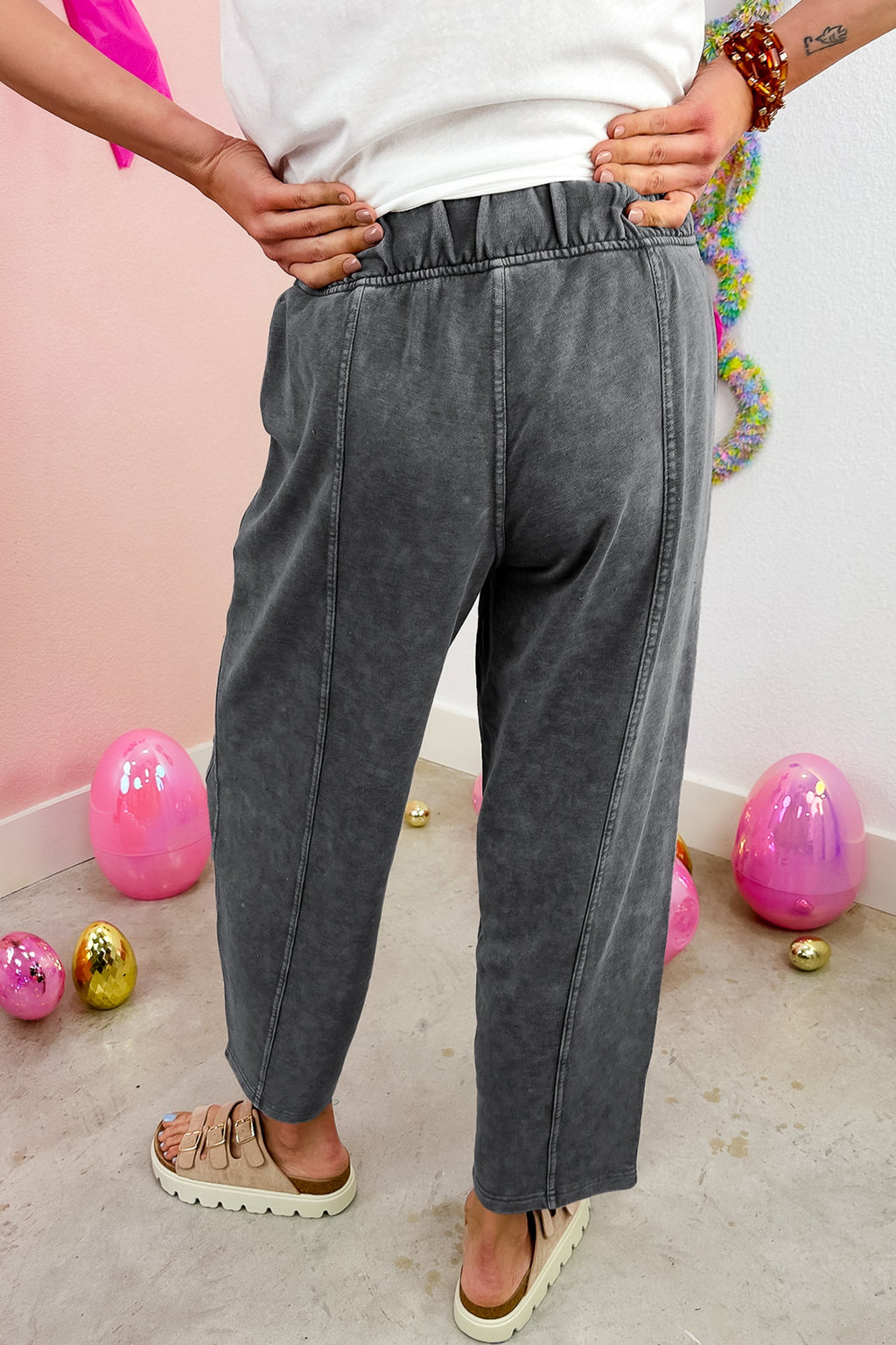 Lola Mineral Wash Seam Detail Elastic Waist Barrel Pants