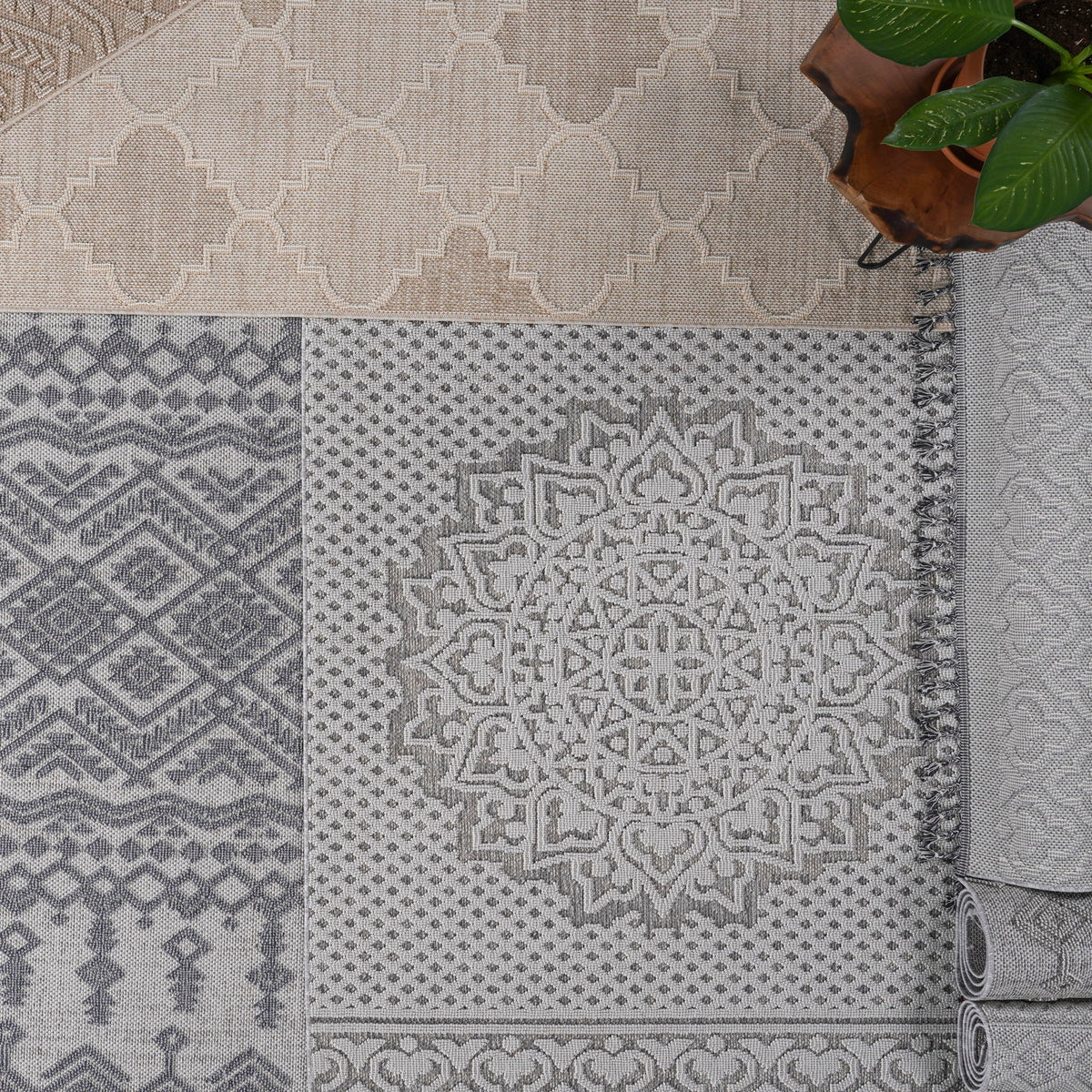 Traditional Indoor/Outdoor Area Rug with Stain Resistance - Light Brown, Dark Gray, Gray