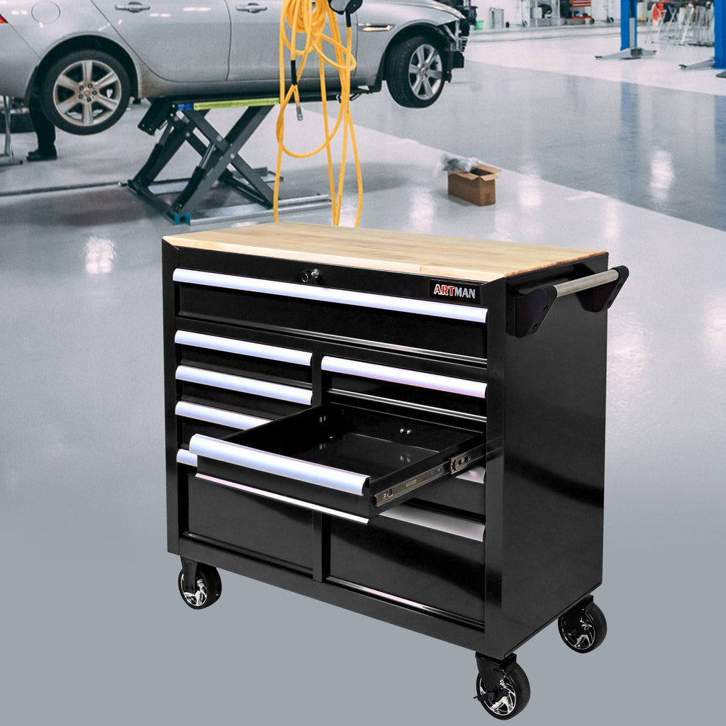 9 Drawer Multifunctional Steel Tool Cart With Wheels And Wooden Top