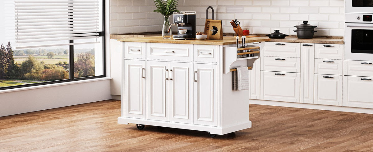 54-Inch Large Kitchen Island with Drop Leaf and Storage - White